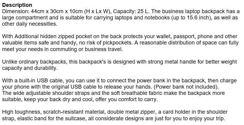 Stylish Backpack with lots of space and pockets, build-in USB Port with Cable