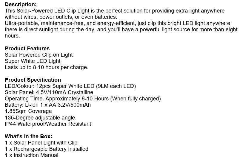 Ultra-portable, Maintenance-free and Energy-Efficient SOLAR LED Clip on Light