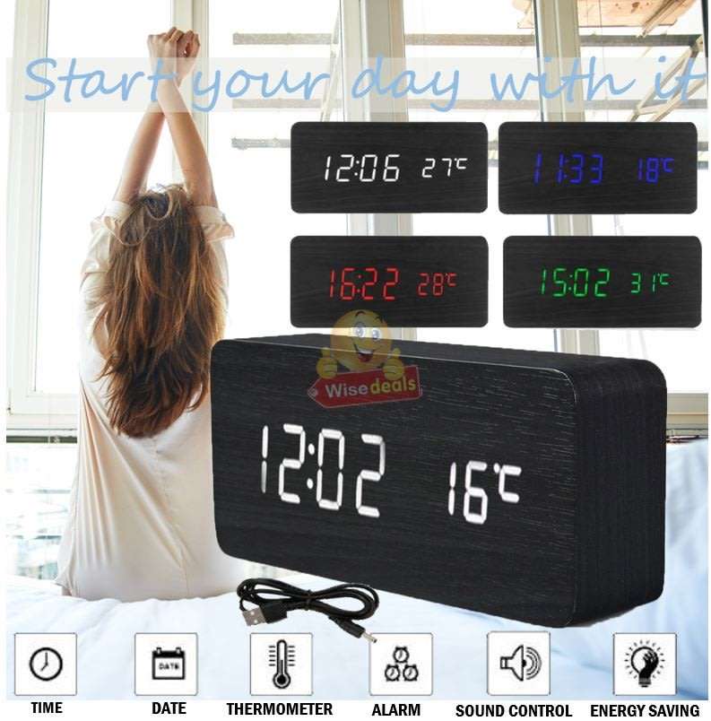 Wooden LED Alarm Clock with Time, Date, Temperature, Sound Control & Energy Saving