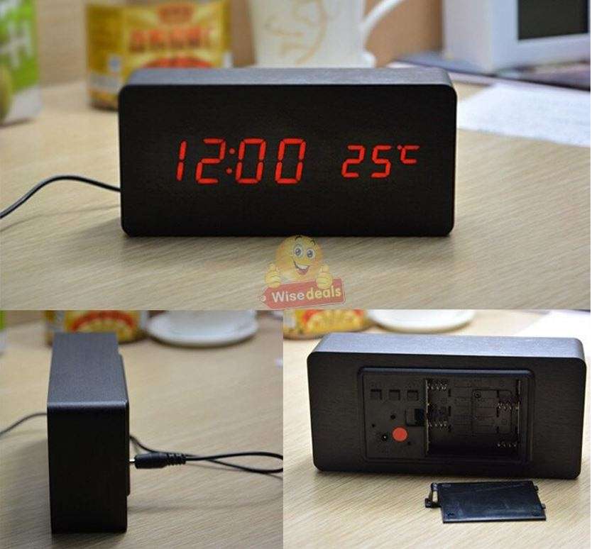 Wooden LED Alarm Clock with Time, Date, Temperature, Sound Control & Energy Saving
