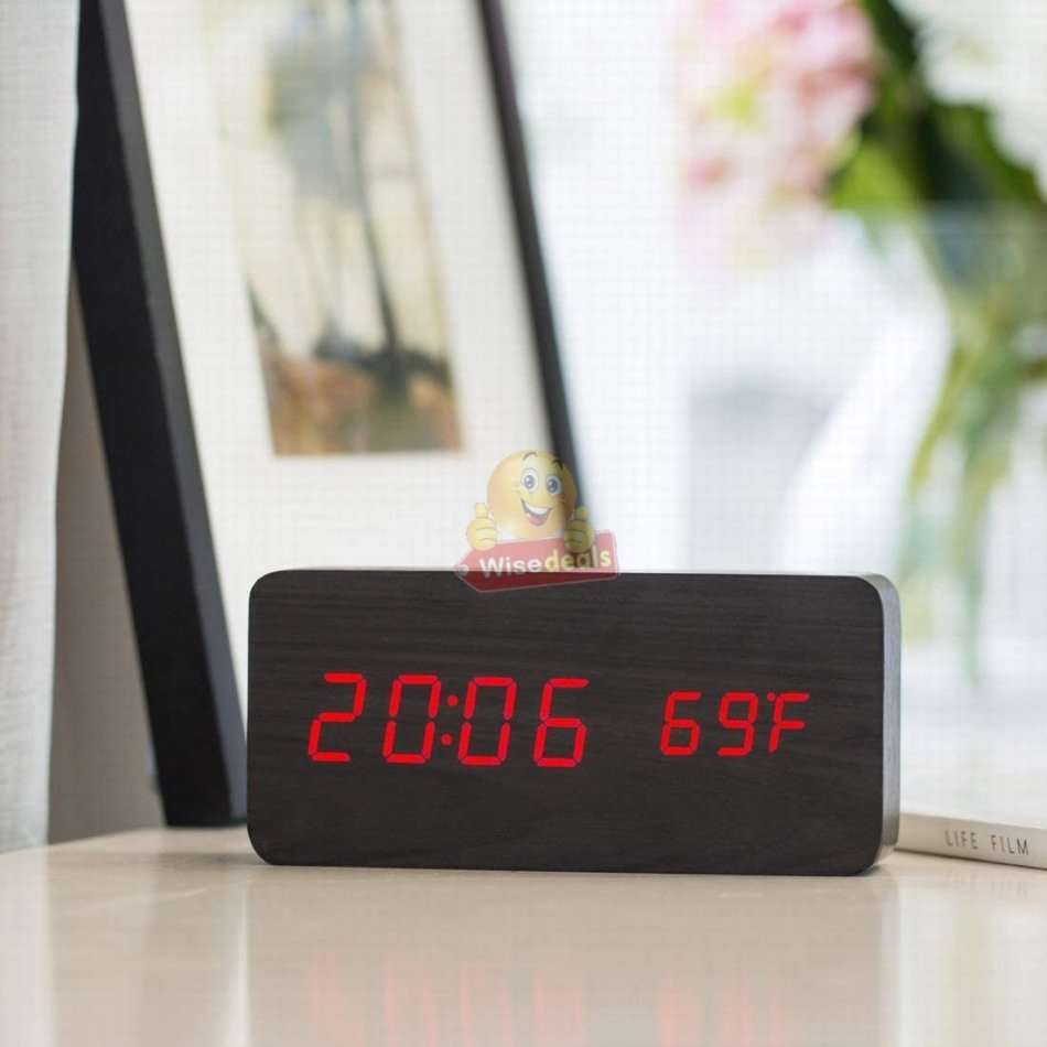 Wooden LED Alarm Clock with Time, Date, Temperature, Sound Control & Energy Saving