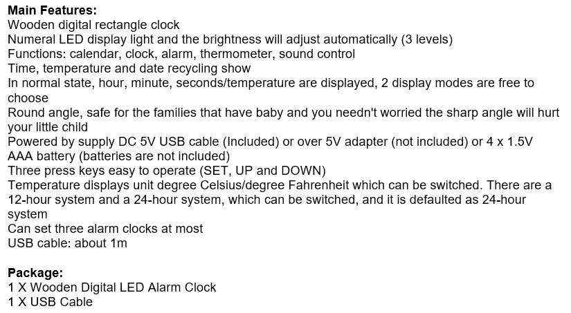 Wooden LED Alarm Clock with Time, Date, Temperature, Sound Control & Energy Saving