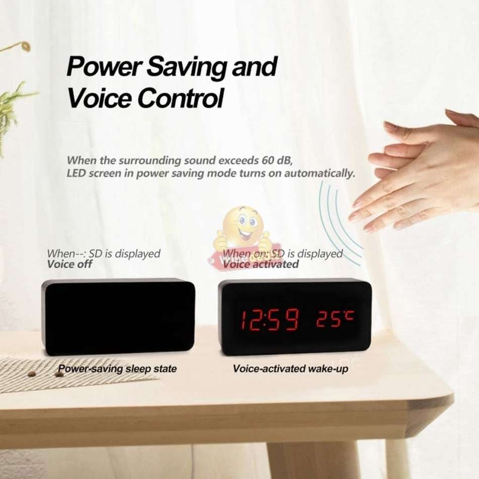 Wooden LED Alarm Clock with Time, Date, Temperature, Sound Control & Energy Saving