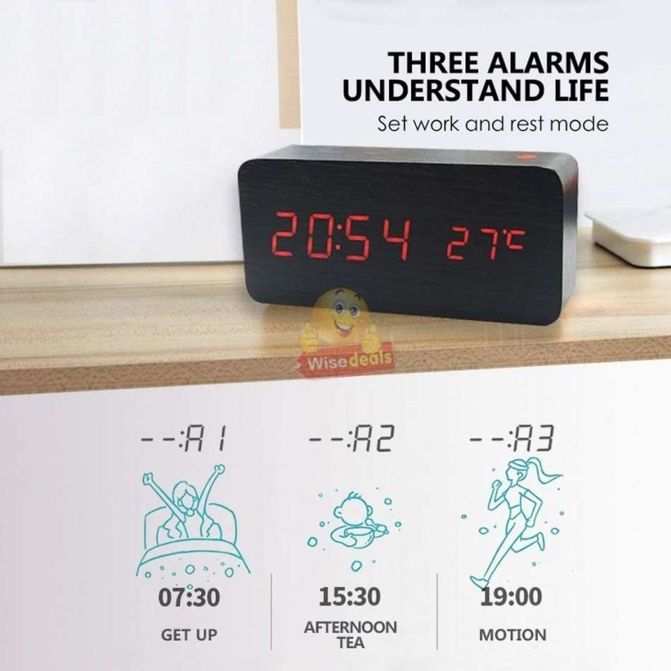Wooden LED Alarm Clock with Time, Date, Temperature, Sound Control & Energy Saving