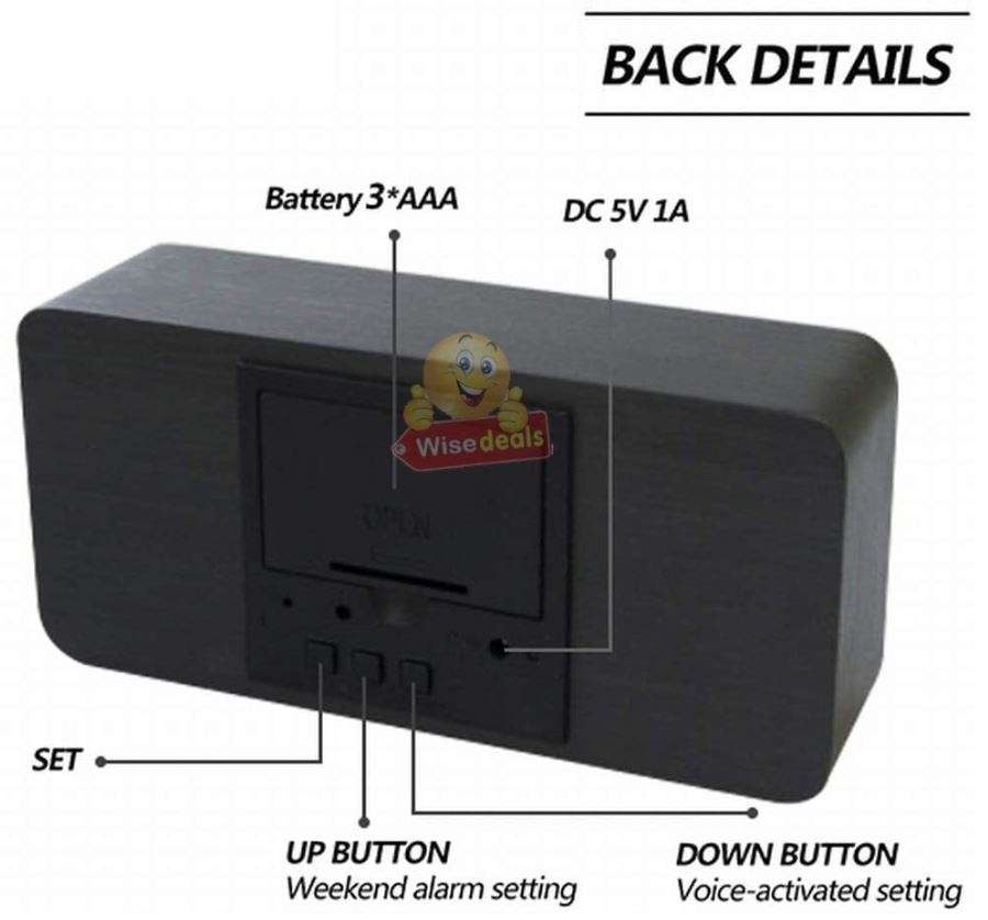 Wooden LED Alarm Clock with Time, Date, Temperature, Sound Control & Energy Saving