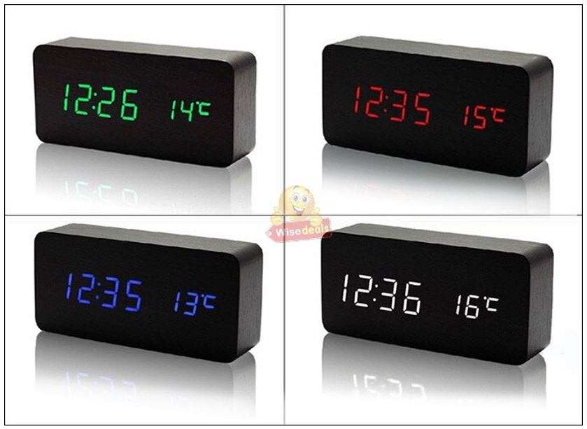 Wooden LED Alarm Clock with Time, Date, Temperature, Sound Control & Energy Saving