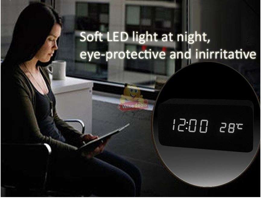 Wooden LED Alarm Clock with Time, Date, Temperature, Sound Control & Energy Saving