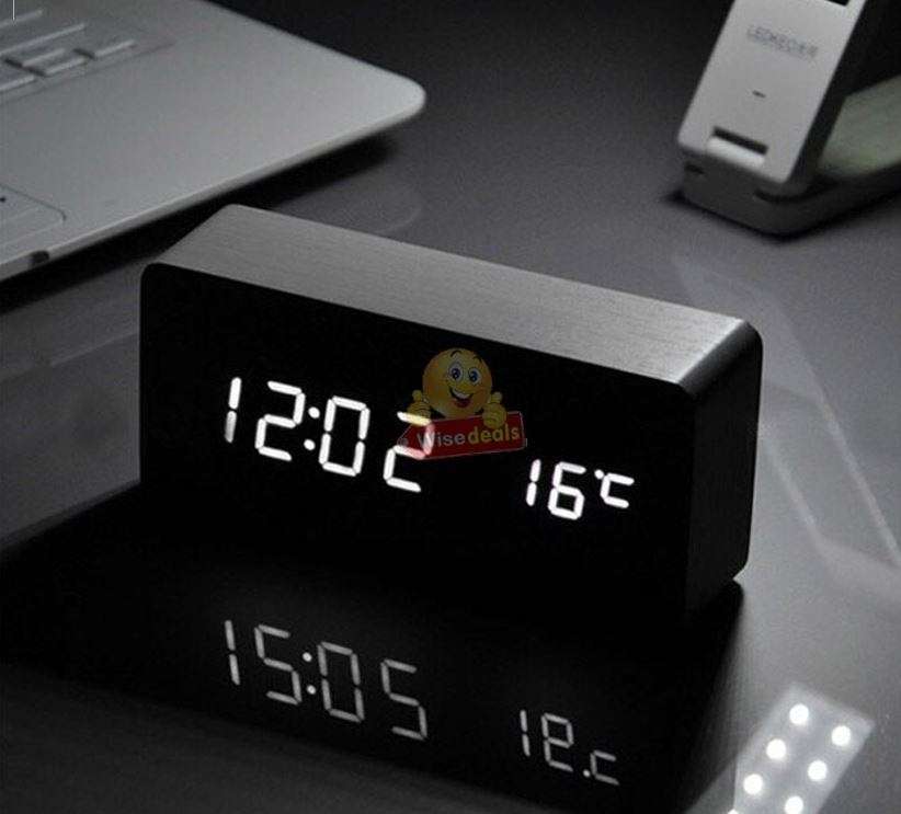 Wooden LED Alarm Clock with Time, Date, Temperature, Sound Control & Energy Saving