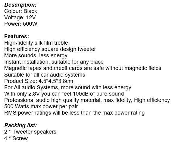 12V 500W 2 Pack Car Audio Tweeter Speakers, More Sound, Less Energy