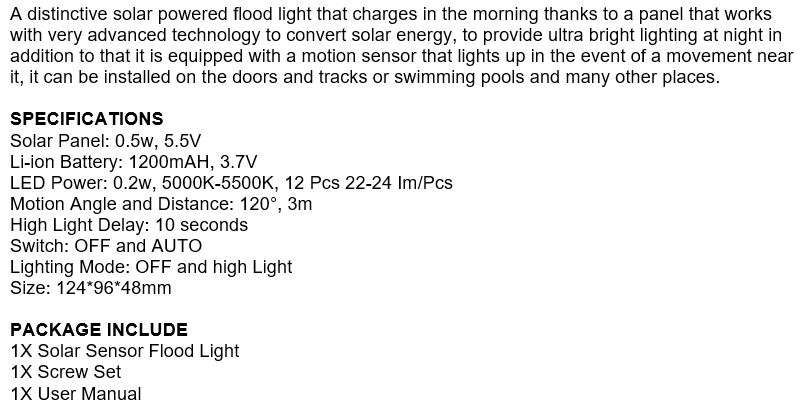 Super Bright COB & LED SOLAR Flood Light Motion Sensor, waterproof, durable and Intelligent Energy