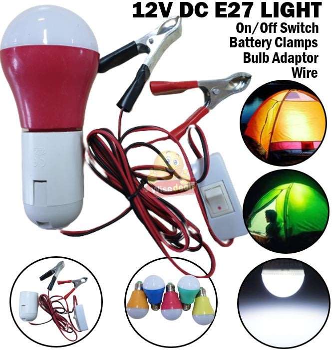 DC 12V E27 High Power 5W LED Light Bulb with Adapter, Wire & Battery Clamps