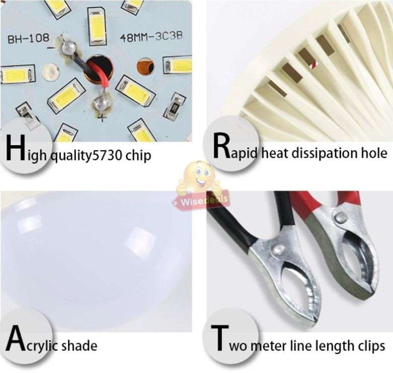 DC 12V E27 High Power 5W LED Light Bulb with Adapter, Wire & Battery Clamps
