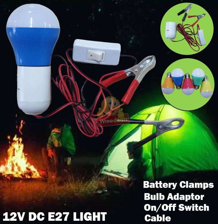 DC 12V E27 High Power 5W LED Light Bulb with Adapter, Wire & Battery Clamps