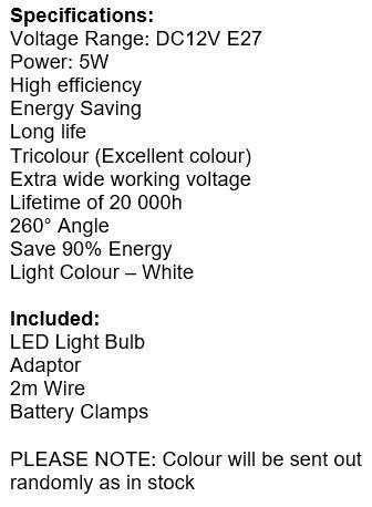 DC 12V E27 High Power 5W LED Light Bulb with Adapter, Wire & Battery Clamps