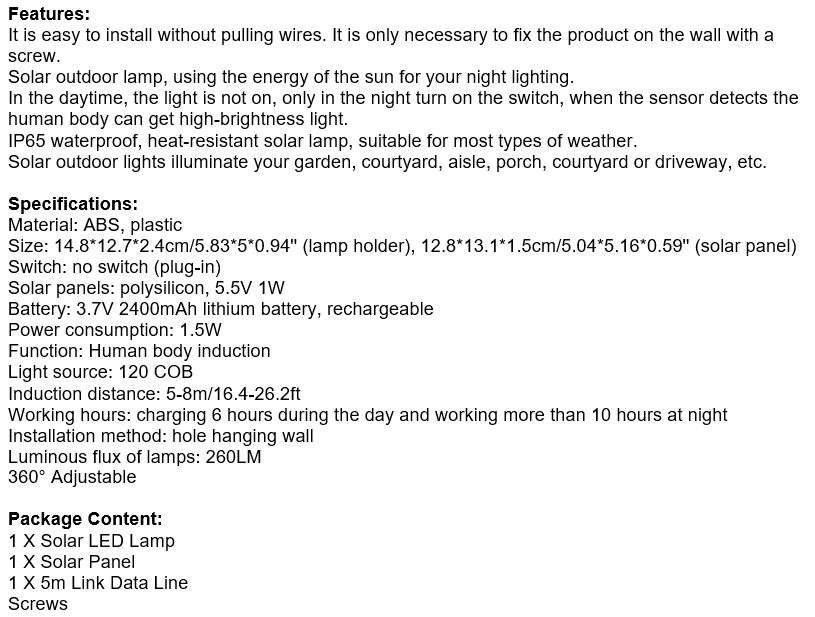 120 LED COB Super Bright Solar Flood Light with Solar Panel, 5m Link Data Line & Screws