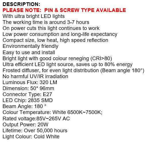 NEW Smart 20W LED Bulb Light, Works on Power cuts, In Water, In your Hand, Regular AC, Emergency DC