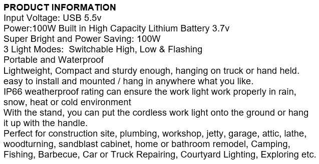 Super Bright LED COB 100W Portable Flood Light, 3 Modes, Waterproof, Rechargeable etc