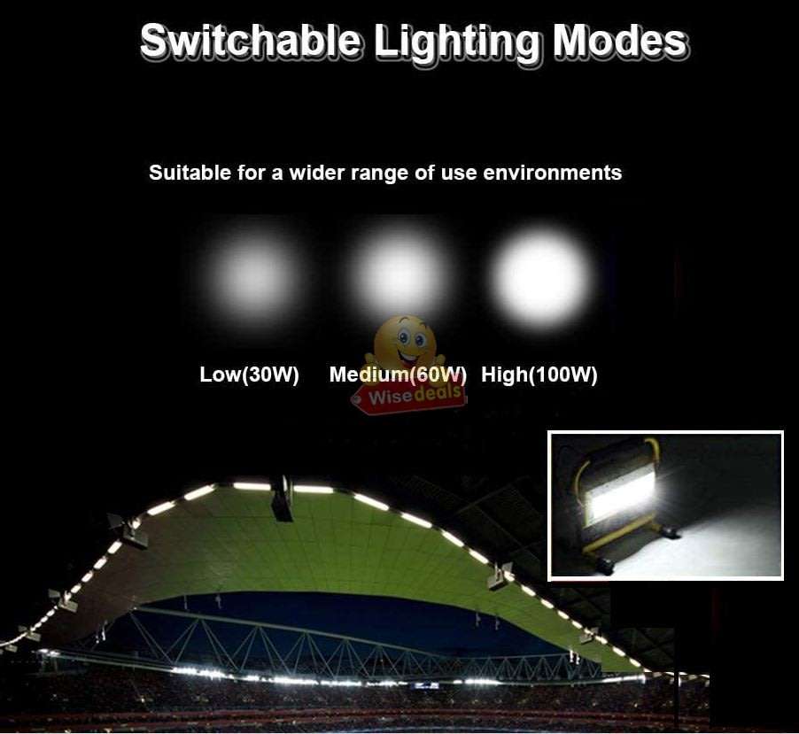 Super Bright LED COB 100W Portable Flood Light, 3 Modes, Waterproof, Rechargeable etc