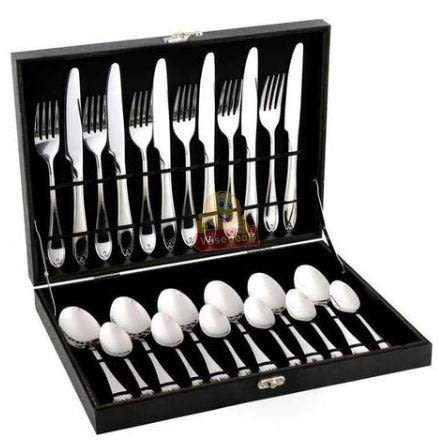24 Piece Modern Silverware Stainless Steel Cutlery Set in Wooden Case