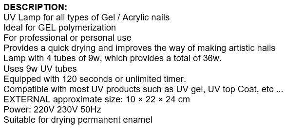 36W UV Lamp for all Gel and Acrylic Types, for Professional Salon or Personal use