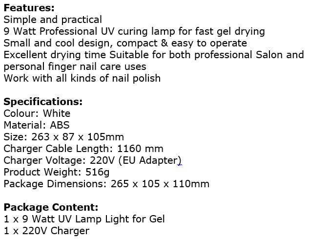 9W UV Gel Drying Lamp Light  Small & Cool Design, Compact & Easy to Operate