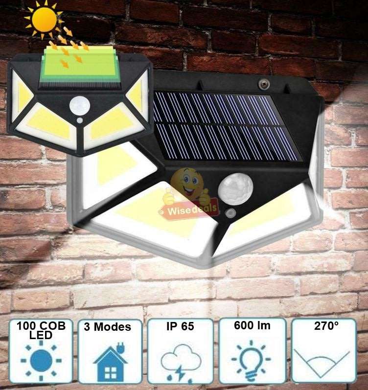Super Bright 100 LED COB Solar Wall Light with 3 Modes, 600 Lumens, 270°, Waterproof etc