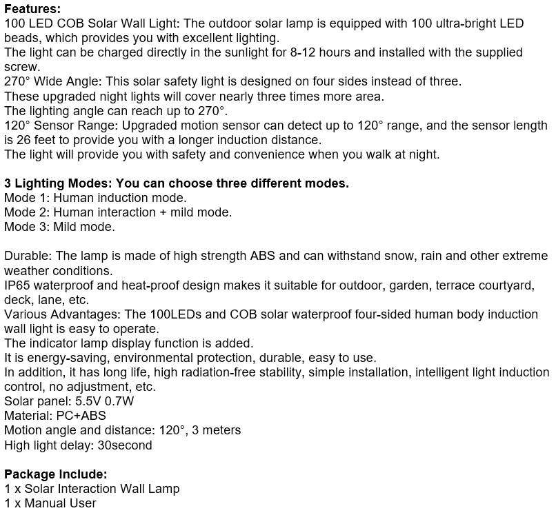 Super Bright 100 LED COB Solar Wall Light with 3 Modes, 600 Lumens, 270°, Waterproof etc