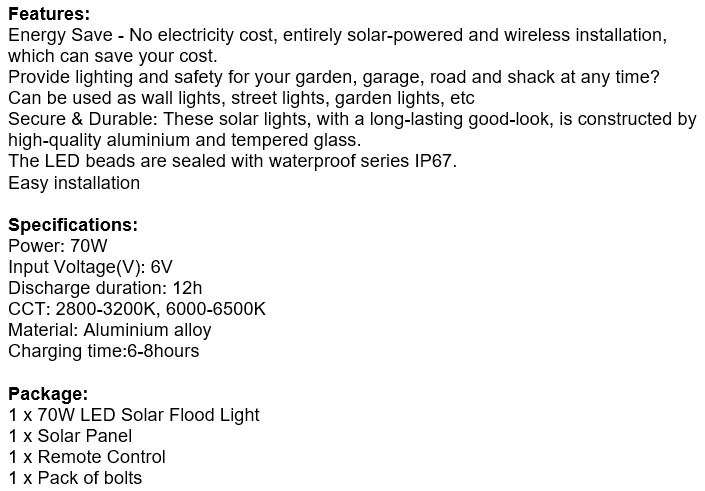 70W LED SOLAR Flood Light with Remote Control, Solar Panel, 5m Cable, Waterproof, etc