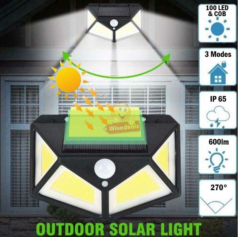 Super Bright 100 LED COB Solar Wall Light with 3 Modes, 600 Lumens, 270°, Waterproof etc