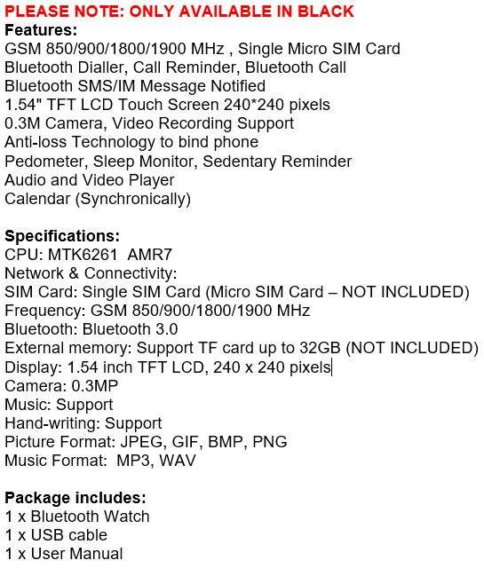 New Fashion Sport Smart Watch  Support Sim & SD Card, Touch Screen, Bluetooth, Camera, Audio, Video