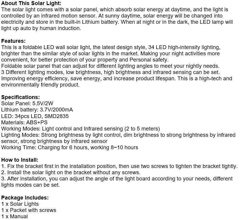 NEW Super Bright Foldable SOLAR Wall Light with 3 Lightening Modes, 34 LEDs, Portable, Adjustable
