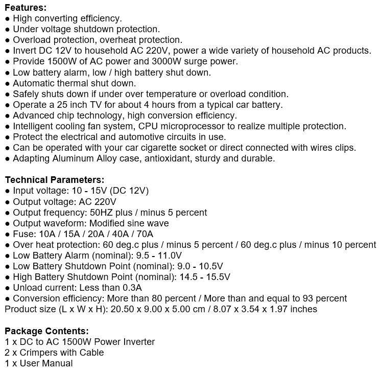 Solar Power Inverter - 1500W Constant Power & 3000W Surge Power, Convert 12V DC to 220V AC