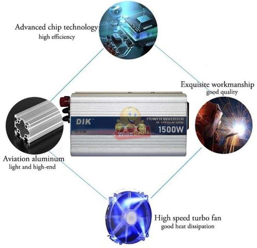 Solar Power Inverter - 1500W Constant Power & 3000W Surge Power, Convert 12V DC to 220V AC