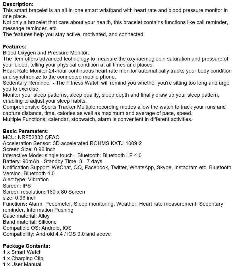 Bluetooth Fitness Smart Watch - Monitor Heart Rate, Blood Pressure, Blood Oxygen, Calorie, Distance