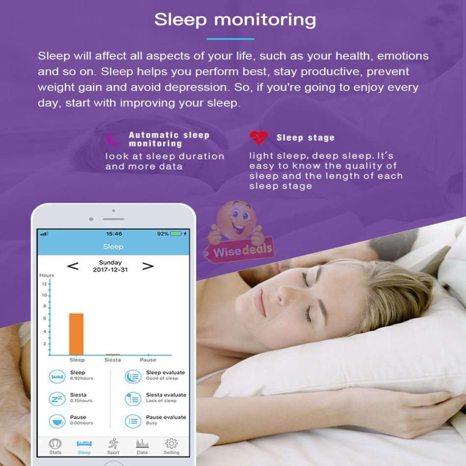 Bluetooth Fitness Smart Watch - Monitor Heart Rate, Blood Pressure, Blood Oxygen, Calorie, Distance