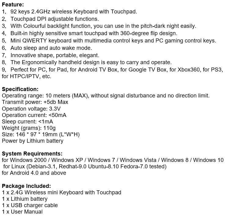 2.4GHz Wireless Keyboard with Touchpad with 360° Flip Design, Backlights, 92 Keys etc.