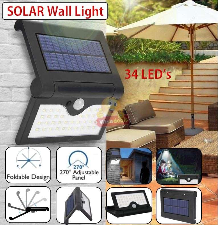 NEW Super Bright Foldable SOLAR Wall Light with 3 Lightening Modes, 34 LEDs, Portable, Adjustable
