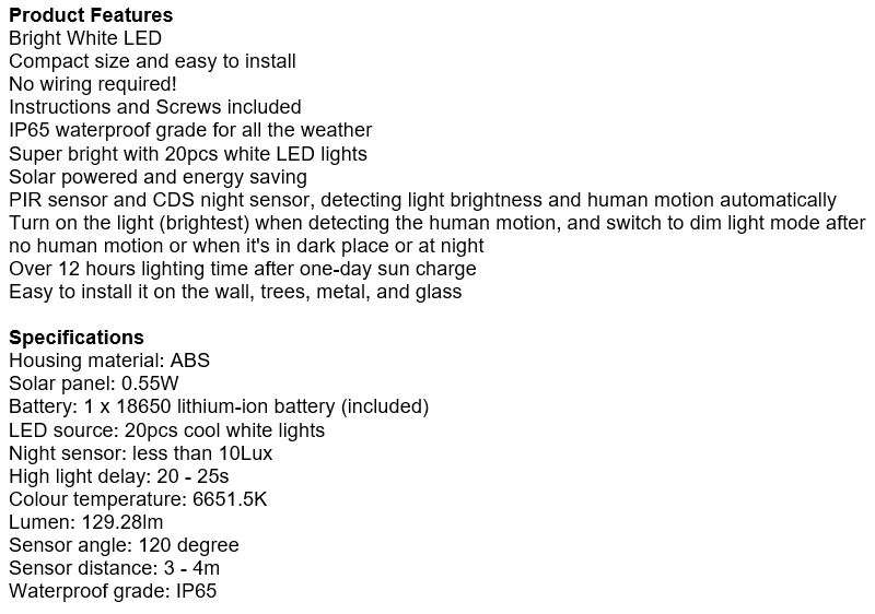 Super Bright COB & 20 LED SOLAR Wall Light with 3 Modes and 3000mAh Battery