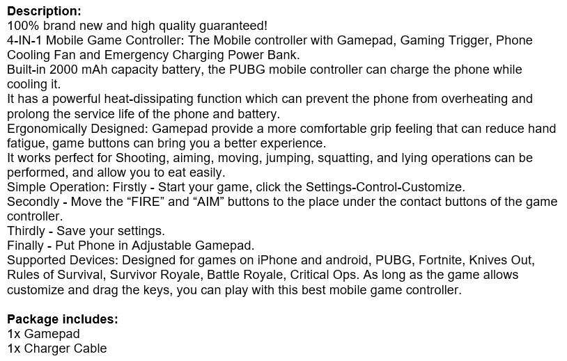 4-IN1 Mobile Game Controller, Works as Gamepad, Gaming Trigger, Phone Charging & Cooling Fan