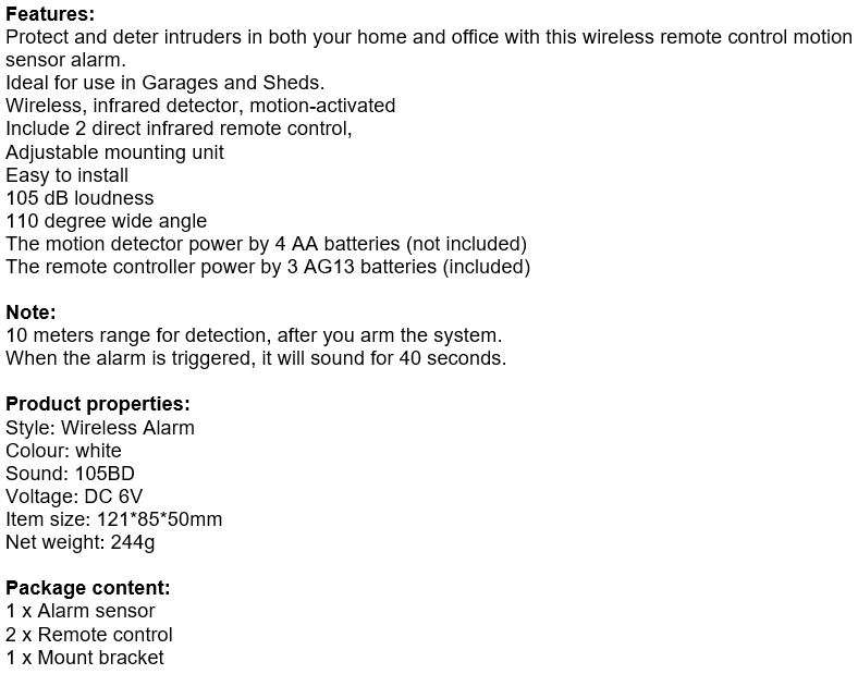 Wireless PIR Motion Sensor Alarm With 2 Remotes and Mount Bracket, Secure your Home