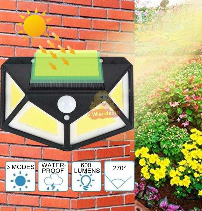 Super Bright 100 LED COB Solar Wall Light with 3 Modes, 600 Lumens, 270°, Waterproof etc