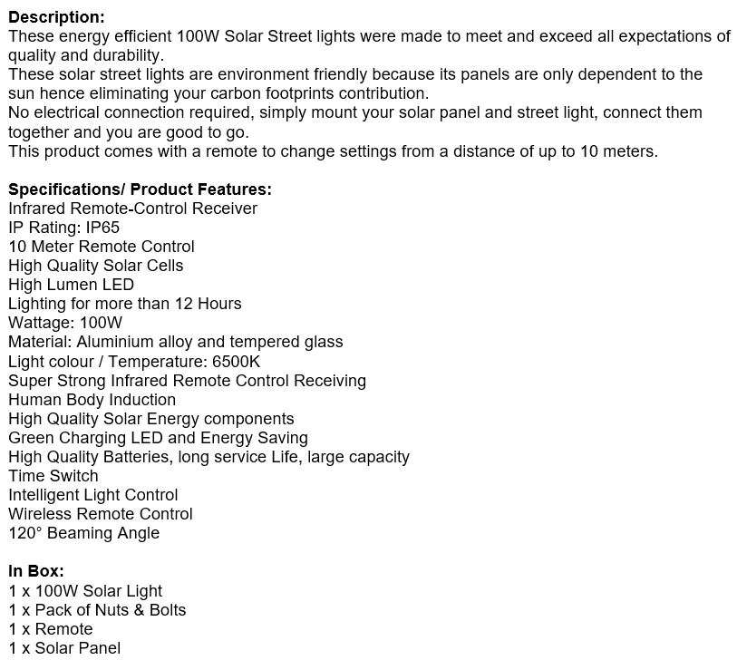Super Bright 100W Solar Flood Light, Waterproof, Intelligent Light Control, Wireless Remote Control
