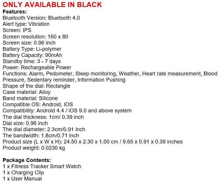 Bluetooth Fitness Smart Watch - Monitor Heart Rate, Blood Pressure, Blood Oxygen, Calorie, Distance
