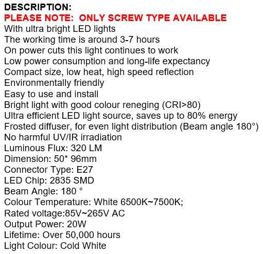 NEW Smart 20W LED Bulb Light, Works on Power cuts, In Water, In your Hand, Regular AC, Emergency DC