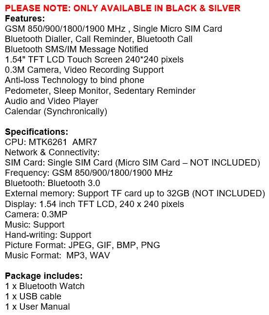 New Fashion Sport Smart Watch  Support Sim & SD Card, Touch Screen, Bluetooth, Camera, Audio, Video