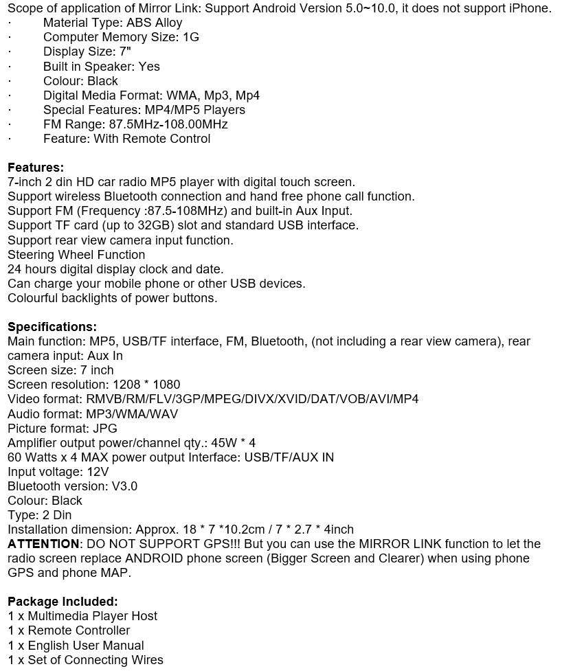 7'' 2Din Car MP5 Bluetooth Stereo FM/TF/USB/AUX Radio Mirror Link for Android GPS