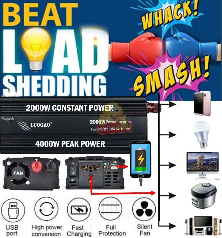 Solar Power Inverter - 2000W Constant Power & 4000W Surge Power, Convert 12V DC to 220V AC