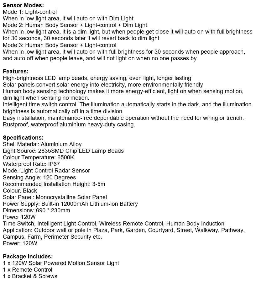 Super Bright 120W LED SOLAR Street Light with Remote, PIR, Motion Sensor, Waterproof with 3 Modes