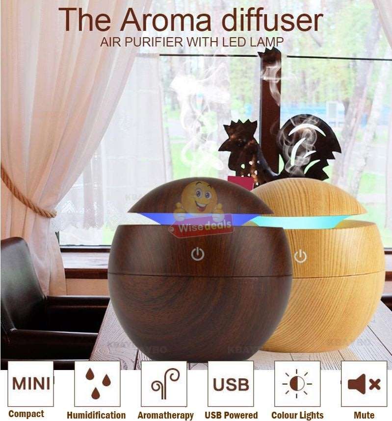Wood Grain Ultrasonic Aromatherapy Humidifier with USB 7 Colour Changing LED Lights