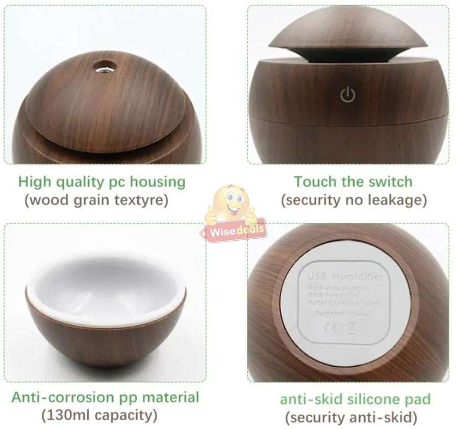 Wood Grain Ultrasonic Aromatherapy Humidifier with USB 7 Colour Changing LED Lights
